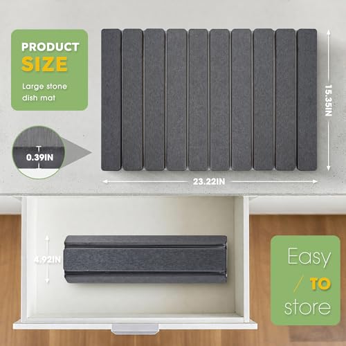 HABUTWAY Large Stone Dish Drying Mat for Kitchen Counter – 24"×16" Collapsible Diatomaceous Earth Mat, Ultra Absorbent & Quick Dry, Foldable Drying Pad for Dishes, Bottles, Cups (Dark Grey) - color: Dark Gray