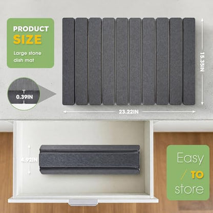 HABUTWAY Large Stone Dish Drying Mat for Kitchen Counter – 24"×16" Collapsible Diatomaceous Earth Mat, Ultra Absorbent & Quick Dry, Foldable Drying Pad for Dishes, Bottles, Cups (Dark Grey) - color: Dark Gray
