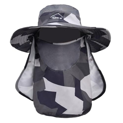 Sun Hats for Men Women Fishing Hat UPF 50+ Breathable Wide Brim Summer UV Protection Hat - color: Camo Dark Grey(with Face Cover & Neck Flap )