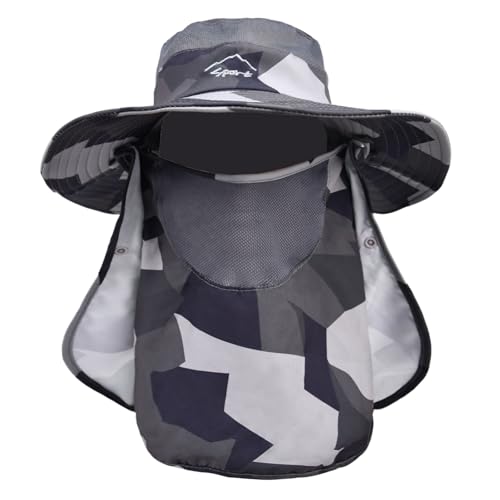 Sun Hats for Men Women Fishing Hat UPF 50+ Breathable Wide Brim Summer UV Protection Hat - color: Camo Dark Grey(with Face Cover & Neck Flap )