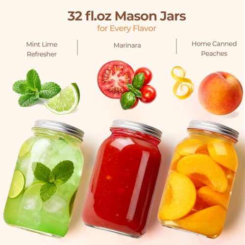 ComSaf Wide Mouth Mason Jars 32 oz with Lids 4 Pcs, Quart Mason Jars with Seal Band, Large Glass Jar, Big Canning Containers for Pickles, Jams, Sauces, Salsa, Sourdough, Juice, Suntea, Food Storage - size: 32oz wide mouth 4PCS