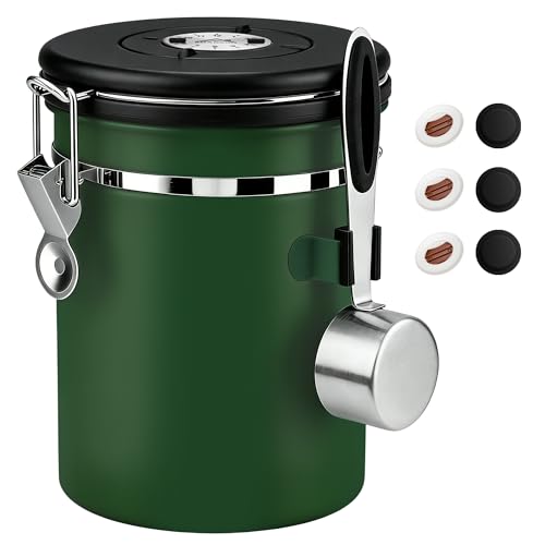 ShanSon Coffee Canister Airtight, Stainless Steel Bean Storage Container with Date Tracker & Scoop, Grounds Sugar Flour Tea Cereal Fits Kitchen Pantry, Ideal Gift for Coffee Lovers,22oz, Dark Green - color: Dark Green, size: 22oz