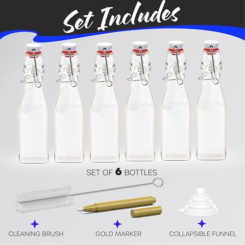 Nevlers 8.5 Oz Square Swing Top Glass Bottles with Stoppers 6 Pack | Flip Top Glass Bottle with Lid | Liquor Bottle Set w/ Funnel, Brush & Marker | Dressing & Homemade Vanilla Extract Bottles - style: Square - 6 Pack