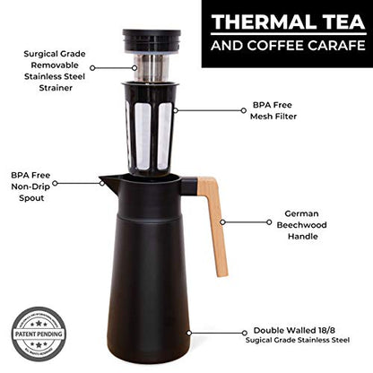 Thermal Coffee Carafe 68 Oz - Stainless Steel Insulated with Tea Infuser | Hastings Collective Double Wall Vacuum Carafe, Keeps Drinks Hot for Hours, Push-Button Pour, Coffee Tea Cold Brew, Black - color: Black