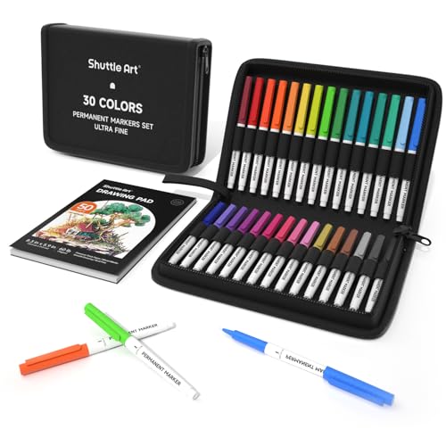 Shuttle Art Permanent Markers, 30 Assorted Colors Ultra Fine Point Permanent Marker Packed in Travel Case, Ideal Colored Markers Set for Adults Coloring Doodling on Plastic, Glass, Gift for Teens - size: 1 Count (Pack of 30), style: 30 Colors with Travel