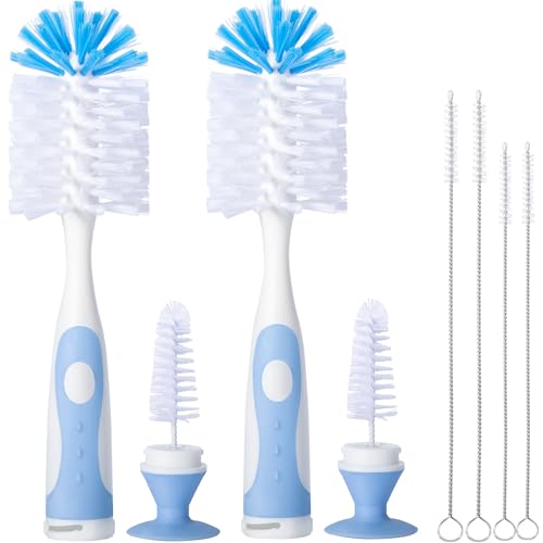 CAREBABYMORE 2 Pack Baby Bottle Brush with 4 Pack Straw Brushes, 10.2" Nylon Brushe with Nipple Cleaner and Stand Suction Cup, Blue - color: Blue