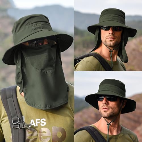 Sun Hats for Men Women Fishing Hat UPF 50+ Breathable Wide Brim Summer UV Protection Hat - color: Army Green(with Face Cover & Neck Flap )