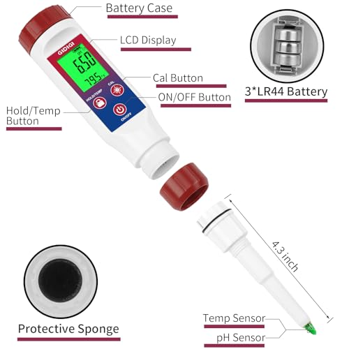 Smart pH Test Strips for Food, Digital pH Reader for Sushi Rice | Bluetooth, Accurate Canning pH Test Kits for Liquids with ATC, Professional Fermenting pH Test Pen, Spear pH Probe - color: Red+Blue