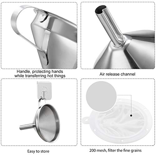 Toncoo 5-Inch Premium Stainless Steel Funnel with 200 Mesh Food Strainer, Kitchen Funnel for Bottles