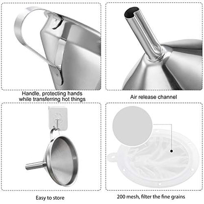 Toncoo 5-Inch Premium Stainless Steel Funnel with 200 Mesh Food Strainer, Kitchen Funnel for Bottles