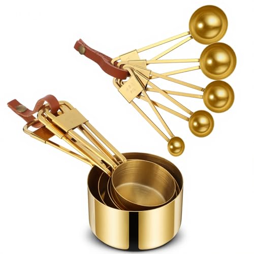 9 PCS GOLD Stainless Steel Measuring Cups and Spoons Set, Gold Nesting Design Teaspoon Stackable Cups and Spoons Heavy Duty Measuring Cup Set for Dry and Liquid Ingredients and Baking, Cooking(Golden) - color: Gold