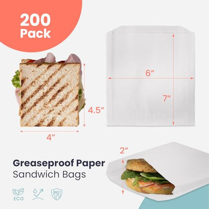 Fit Meal Prep 200 Pack Paper Sandwich Bags 7 x 6”, Greaseproof Snack Bags, Food Grade Pastry Bag, Recyclable Small Paper Bags, Cookie Sleeves, Food Packaging for Bakery, Donuts