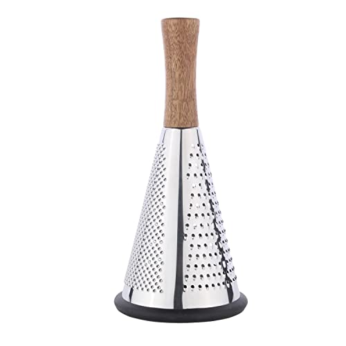 Cone Cheese Grater with Handle - Stainless Steel Triple Function Wood Handle Parmesan Shaver Non-Slip Rubber Bottom Hand Held Multifunction Vegetables Cheese Grater with container (M: 9.4" X 4.3") - size: Size M: 9.4" X 4.3"