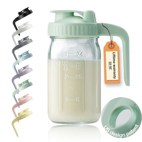 32oz Glass Pitcher with Lid & V-shaped Pour Spout - 1 Quart Breastmilk Pitcher Double Leak Proof, Creamer Container for Sun Tea, Juice, Cold Brew Coffee, Breastmilk Storage Container - color: Green, size: 32 Ounces