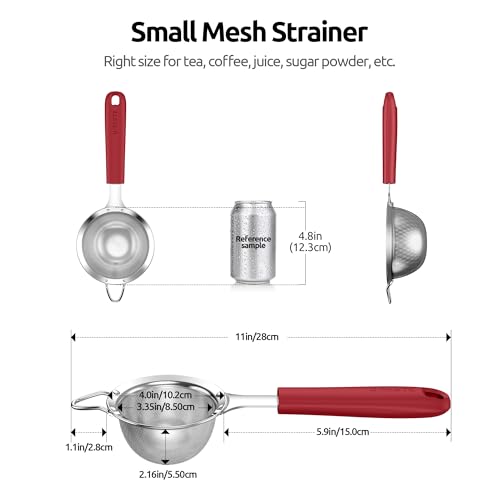 U-Taste Small Fine Mesh Strainer: 18/8 Stainless Steel 3.35in 30 Mesh Kitchen Food Sieve with Sturdy Riveted Silicone Handle, Heavy Duty Deep Handheld Metal Colander for Tea, Juice (Red) - color: (4) Red, size: S-3.35in