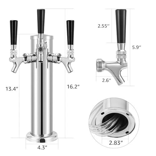 MRbrew Kegerator Tower Beer Tap Tower Dispenser 3 Faucet Beer Tower Draft Beer Dispenser Stainless Steel Keg Tap Tower 3'' Keg Tower Pre-assembled Line Beer Faucet Dispenser Kit For Home, Bar,Party - size: Three Tap Kegerator Tower