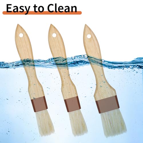 3 Pack Natural Bristle Pastry Brush for Basting Baking Cooking Food | Wooden Handle for Grilling & BBQ, Shed-Resistant Cooking Brushes for Sauce, Oil, Butter and Marinade