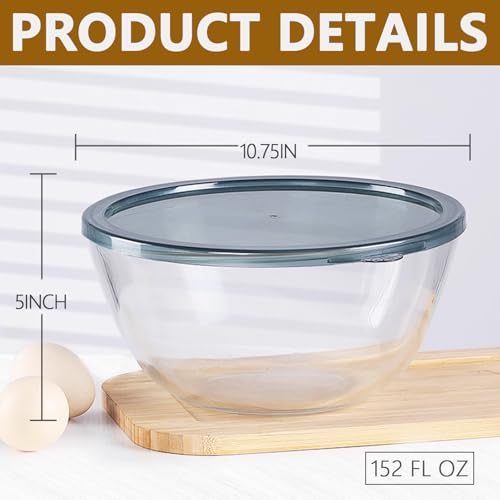 5 Quart Deep Big Glass Bowl with Lid,10 Inch Large Glass Mixing Bowl for Sourdough Bread Kitchen Salad Bread Storage, For Prepping, Marinating & Brining Kimch - color: Gray