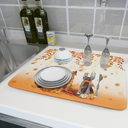 Giwawa Fall Dogs Dish Drying Mat Autumn Leaves Reusable Dishes Pad 18"x24" Holiday Microfiber Quick Dry Dish Drainer Rack Mat for Kitchen Counter - color: Fall Dogs, size: 18x24 inch