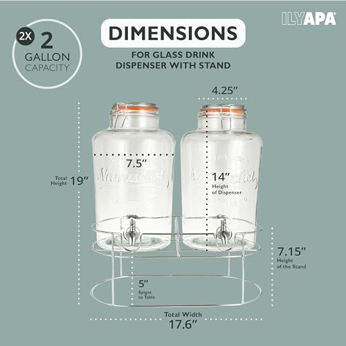 Ilyapa 2 pack 2 Gallon Glass Beverage Dispenser with Stand- Wide Mouth Mason Jar Drink Dispensers with Spigot - Leak Proof Glass Flip Top Lid - size: 2 Gallon Double Flip Top Dispenser