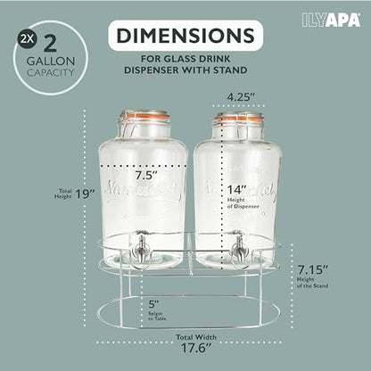 Ilyapa 2 pack 2 Gallon Glass Beverage Dispenser with Stand- Wide Mouth Mason Jar Drink Dispensers with Spigot - Leak Proof Glass Flip Top Lid - size: 2 Gallon Double Flip Top Dispenser
