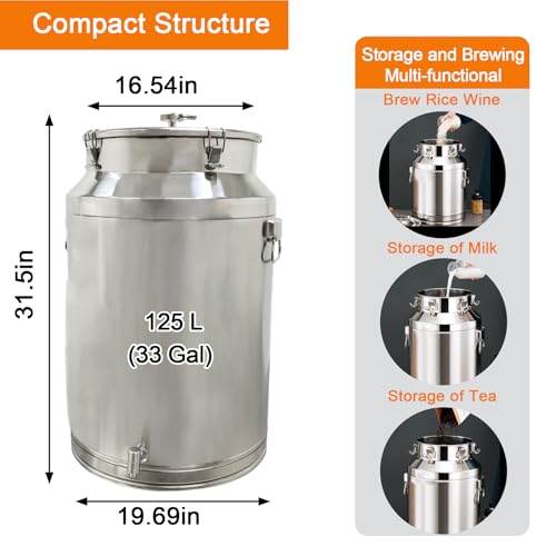 125L Stainless Steel Fermentation Tank with Faucet, 304 Food-Grade Brewing Bucket, 33-Gallon Capacity for Beer, Wine, Yogurt, Multiple Purpose Fermentor & Food Storage Tank for Home Brewing