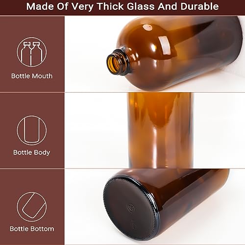 2 Pack 32 oz Amber Glass Boston Bottles,Glass Brewing Bottles for Lab | with Phenolic Poly Cone Caps,Perfect for Fermentation,Storing Kombucha,Brewing and Juicing.