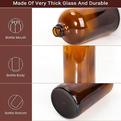 2 Pack 32 oz Amber Glass Boston Bottles,Glass Brewing Bottles for Lab | with Phenolic Poly Cone Caps,Perfect for Fermentation,Storing Kombucha,Brewing and Juicing.