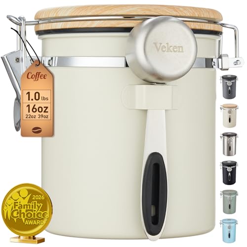 Veken Coffee Canister, Airtight Stainless Steel Kitchen Food Storage Container with Date Tracker and Scoop for Beans, Grounds, Tea, Flour, Cereal, Sugar, Cookie, 16OZ, Cream - color: Cream, size: 16 oz