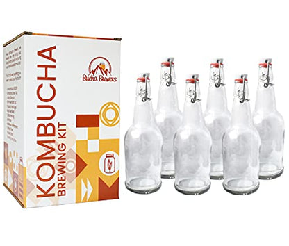 Deluxe Kombucha Starter Kit with Kombucha SCOBY & Starter Tea, Full Kombucha Kit with Bottles Swing Top Glass Bottles Kombucha Brewing Kit + 6 Bottles to Flavor Kombucha (Clear Bottles) - color: Clear
