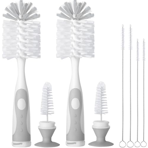 CAREBABYMORE 2 Pack Baby Bottle Brush with 4 Pack Straw Brushes, 10.2" Nylon Brushe with Nipple Cleaner and Stand Suction Cup (Gray) - color: Gray