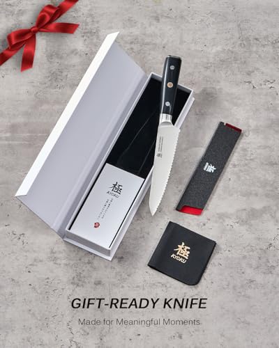 KYOKU 5.5 in. Serrated Utility Knife, Samurai Series Japanese Utility Chef Knife with Pakkawood Handle, German 1.4116 Stainless Steel Full Tang Sandwich Tomato Knife with Protective Sheath & Gift Box - size: 5.5", style: Utility Knife