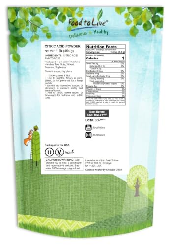 Food to Live Citric Acid Powder, 1 Pound - Anhydrous, Fine Granules, Food Grade Lemon Salt, Great for Cheese Making, Household Cleaner and Preservative, Good for Bath Bombs, Kosher, Sour Salt in Bulk - size: 1 Pound (Pack of 1)