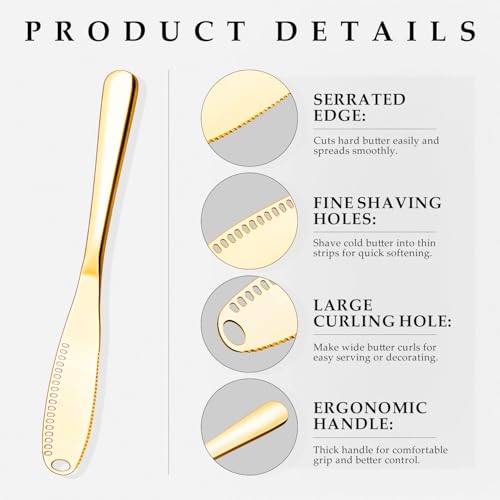 Butter Knife 1 PCS, Gold Stainless Steel Spreader with Curler & Grater Holes, Serrated Cutter Edge for Easy Slice & Spread, Ideal for Hard or Soft Butter - 3 in 1 Better Kitchen Gadgets - color: Gold