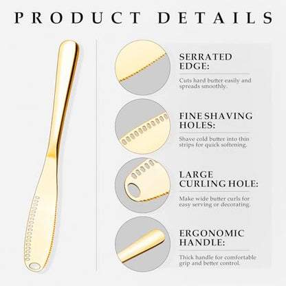 Butter Knife 1 PCS, Gold Stainless Steel Spreader with Curler & Grater Holes, Serrated Cutter Edge for Easy Slice & Spread, Ideal for Hard or Soft Butter - 3 in 1 Better Kitchen Gadgets - color: Gold