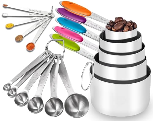 Stainless Steel Measuring Cups and Spoons Set of 16, 5 Measuring Cups with Colored Silicone Handles, 6 Nesting Round Spoons & 5 Mini Teaspoon, Kitchen Gadgets for Cooking & Baking - size: 16 PCS