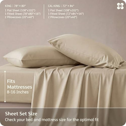 Bedsure PureWoven 100% Rayon Derived from Bamboo, King Size Sheets Set | Cooling Sheets for Hot Sleepers, Breathable & Silky Soft, 16" Deep Pocket, Hotel Luxury Bedding, Beige - color: 03 - Beige, size: King