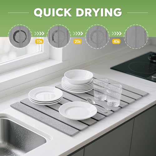 HABUTWAY Large Stone Dish Drying Mat for Kitchen Counter – 24"×16" Collapsible Diatomaceous Earth Mat, Ultra Absorbent & Quick Dry, Foldable Drying Pad for Dishes, Bottles, Cups (Light Grey) - color: LIGHT GREY