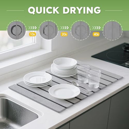 HABUTWAY Large Stone Dish Drying Mat for Kitchen Counter – 24"×16" Collapsible Diatomaceous Earth Mat, Ultra Absorbent & Quick Dry, Foldable Drying Pad for Dishes, Bottles, Cups (Light Grey) - color: LIGHT GREY