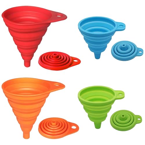 4 Pack Foldable Silicone Funnel Set, Collapsible Small & Large Sizes for Kitchen, Water Bottles & Liquid Transfer, Food Grade