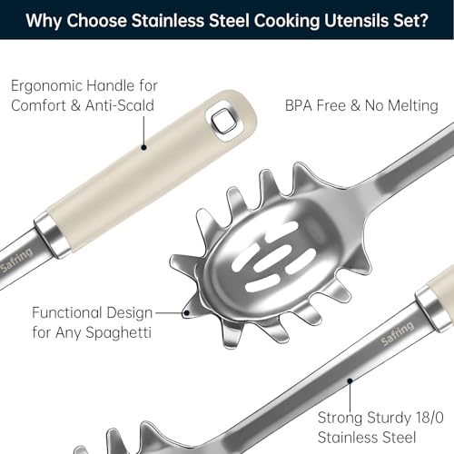 Safring Stainless Steel Soup Ladle and Spaghetti Spoon Set, Heat Resistant Rubber Handle, Dishwasher Safe, Kitchen Utensils for Cooking, Stirring, Serving Pasta, Soup & Sauce (Beige) - color: Beige