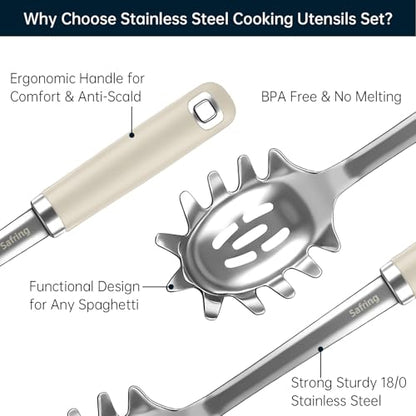 Safring Stainless Steel Soup Ladle and Spaghetti Spoon Set, Heat Resistant Rubber Handle, Dishwasher Safe, Kitchen Utensils for Cooking, Stirring, Serving Pasta, Soup & Sauce (Beige) - color: Beige