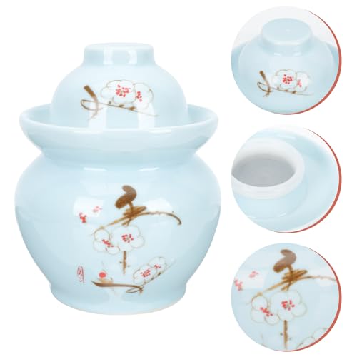 Ceramic Pickle Jar with Double Lid 3l Sauerkraut Storage Jar Traditional Sichuan Kimchi Sealed Crock for Kitchen Food Storage Blue Plum Blossom Pattern