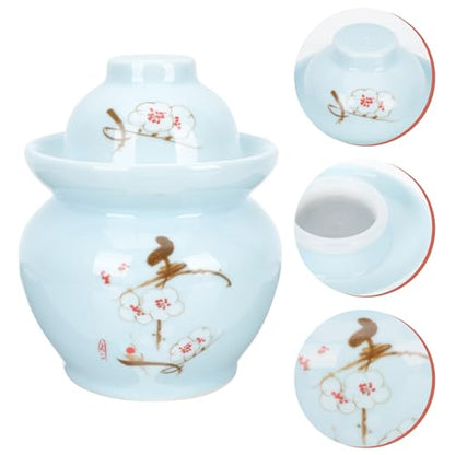 Ceramic Pickle Jar with Double Lid 3l Sealed Traditional Sichuan Fermentation Crock Porcelain Storage Container for Kitchen Kimchi and Sauerkraut