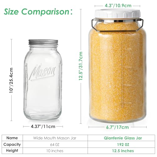 Qianfenie 1.5 Gallon Glass Jar with Lid Wide Mouth, Large Mason Jar with Airtight Screw Lid and Handle, Big Storage Jar with 2 Scale Marks for Kitchen Food, Pantry Organization (5700ML/192OZ)