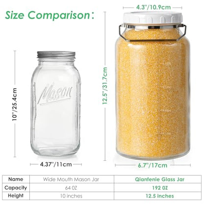 Qianfenie 1.5 Gallon Glass Jar with Lid Wide Mouth, Large Mason Jar with Airtight Screw Lid and Handle, Big Storage Jar with 2 Scale Marks for Kitchen Food, Pantry Organization (5700ML/192OZ)