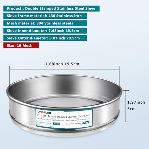 304 Stainless Steel Mesh Lab Sieve, 16 Mesh(1.18mm) Aperture Test Sieve, 7.9Inch(20cm) Diameter Economy Standard Analysis Sample Test Sieves for Industrial Laboratory Homes - size: 16Mesh(1.18mm)/Ф7.9in