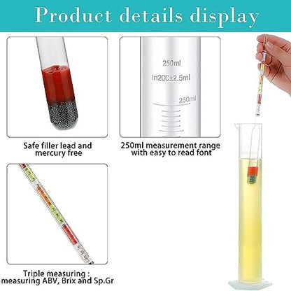 3 Pcs Scale Hydrometer and Test Jar Combo Include 1 Scale Hydrometer with Storage Bag and 250 ml Plastic Cylinder for Wine Beer Mead
