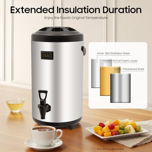 Stainless Steel Insulated Beverage Dispenser, 2.5Gal Thermal Carafe with Spigot for Hot Coffee & Cold Juice, 12-Hour Heat Retention Drink Dispenser for Party Wedding Cafe, Silver - size: 2.51Gal