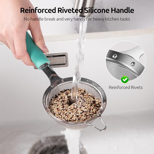 U-Taste Small Fine Mesh Strainer: 18/8 Stainless Steel 3.35in 30 Mesh Kitchen Food Sieve with Sturdy Riveted Silicone Handle, Heavy Duty Deep Handheld Metal Colander for Tea, Juice (Aqua Sky) - color: (1) Aqua Sky, size: S-3.35in